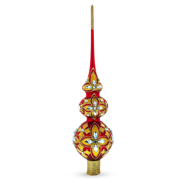 Diamond Stars Double Ball Artisan Hand Crafted Mouth Blown Glass Christmas Tree Topper 16 Inches in Red color, Triangle shape