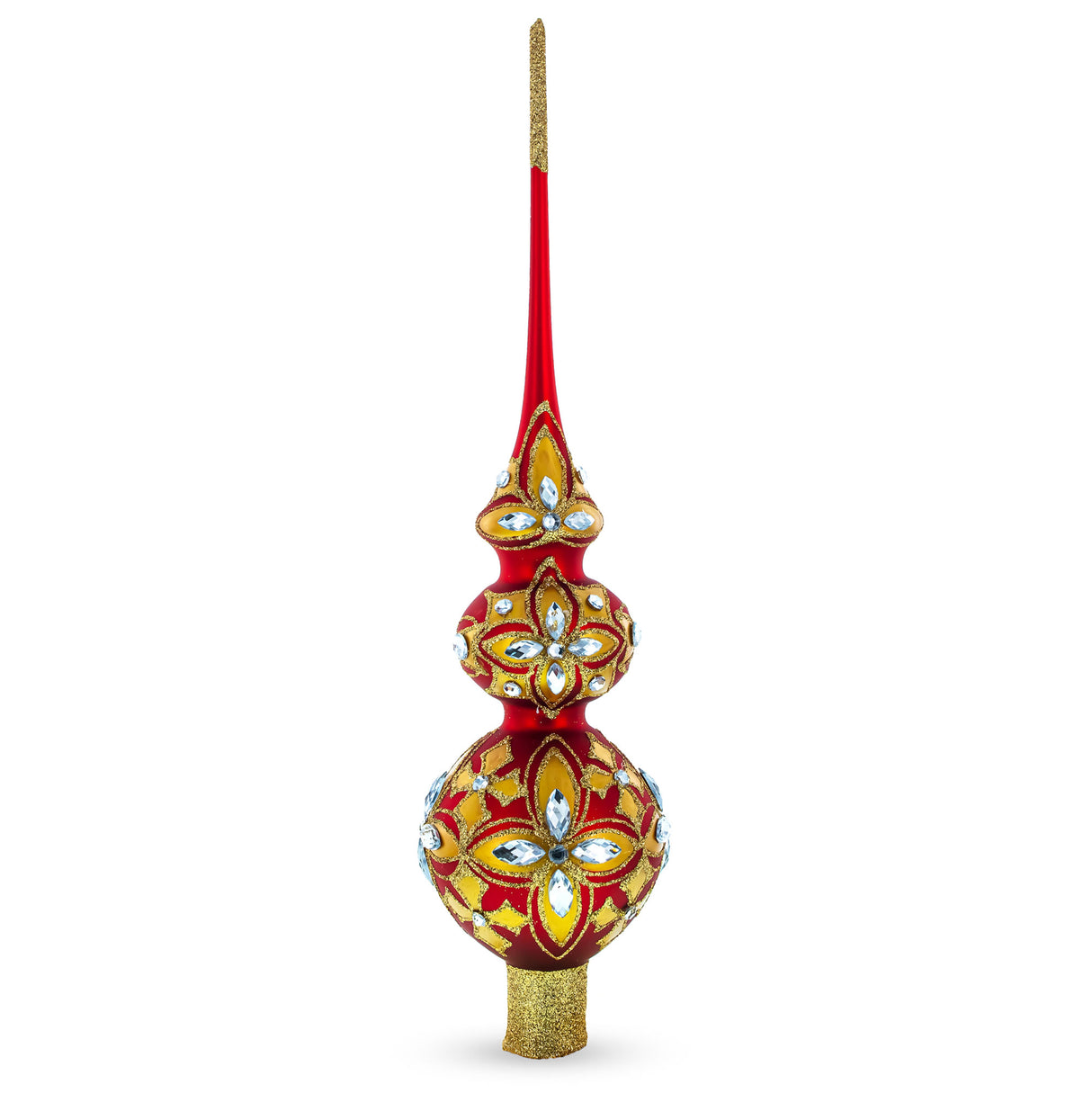 Diamond Stars Double Ball Artisan Hand Crafted Mouth Blown Glass Christmas Tree Topper 16 Inches in Red color, Triangle shape