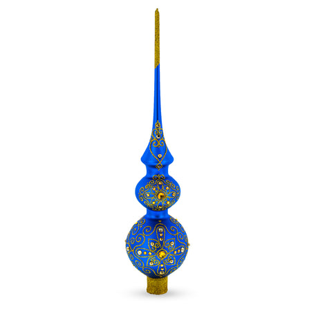 Golden Swirls on Blue Double Ball Blown Glass Christmas Tree Topper 16 Inches in Blue color Triangle