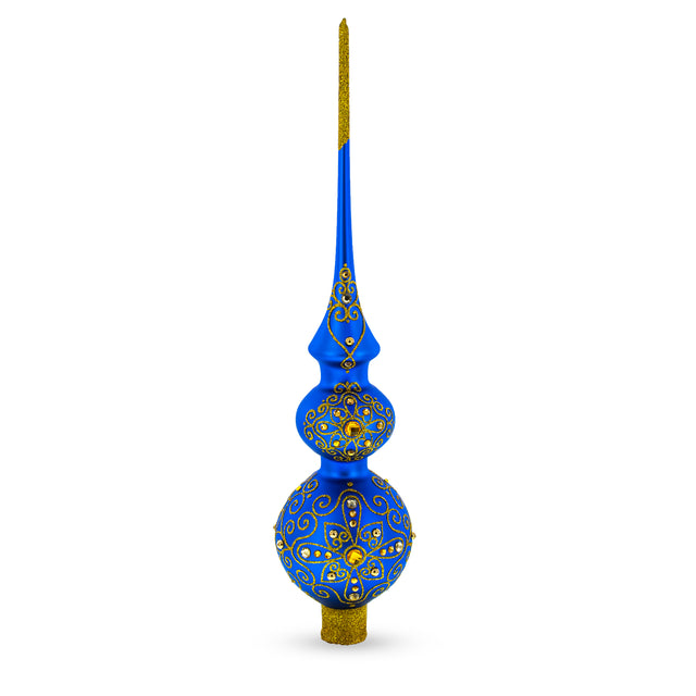 Golden Swirls on Blue Double Ball Blown Glass Christmas Tree Topper 16 Inches in Blue color Triangle