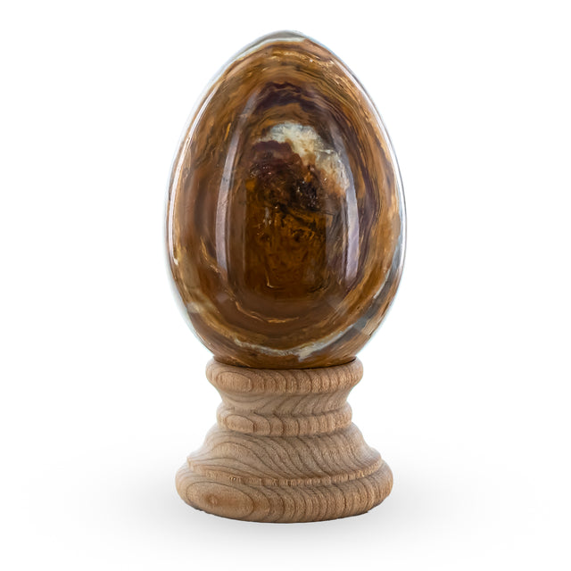 Natural Marble Egg with Wooden Stand 3 Inches Tall in Beige color, Oval shape