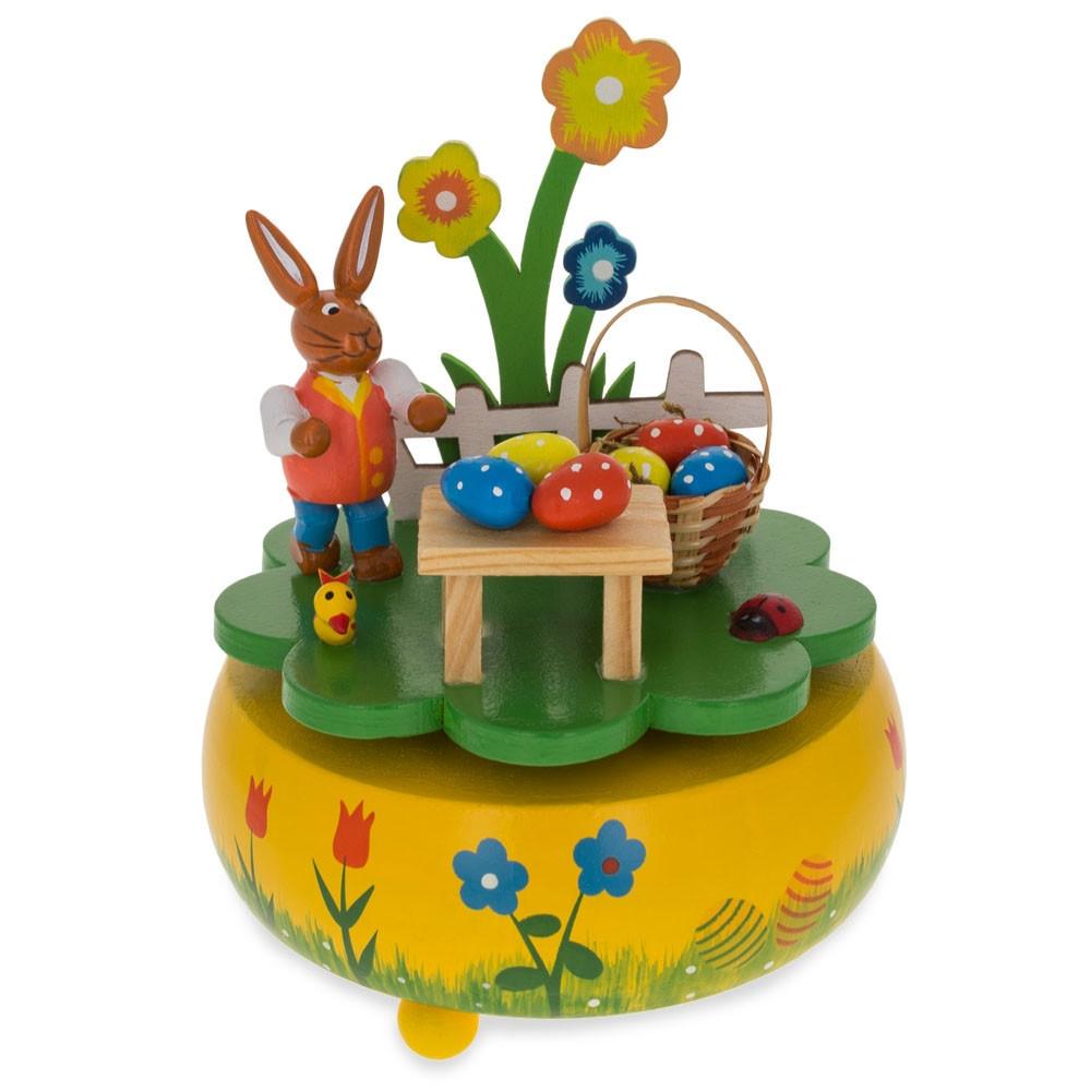Resin Charming Bunny Picnic with Easter Eggs Wooden Rotating Music Box Figurine 5.25 Inches Tall in Yellow color