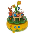 Charming Bunny Picnic with Easter Eggs Wooden Rotating Music Box Figurine 5.25 Inches Tall in Yellow color
