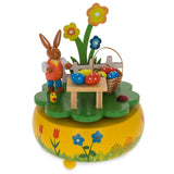 Charming Bunny Picnic with Easter Eggs Wooden Rotating Music Box Figurine 5.25 Inches Tall in Yellow color