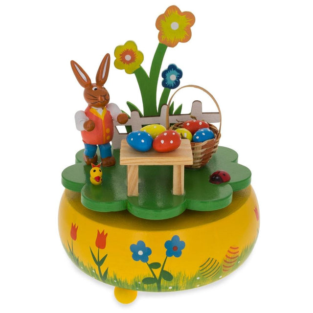 Charming Bunny Picnic with Easter Eggs Wooden Rotating Music Box Figurine 5.25 Inches Tall in Yellow color
