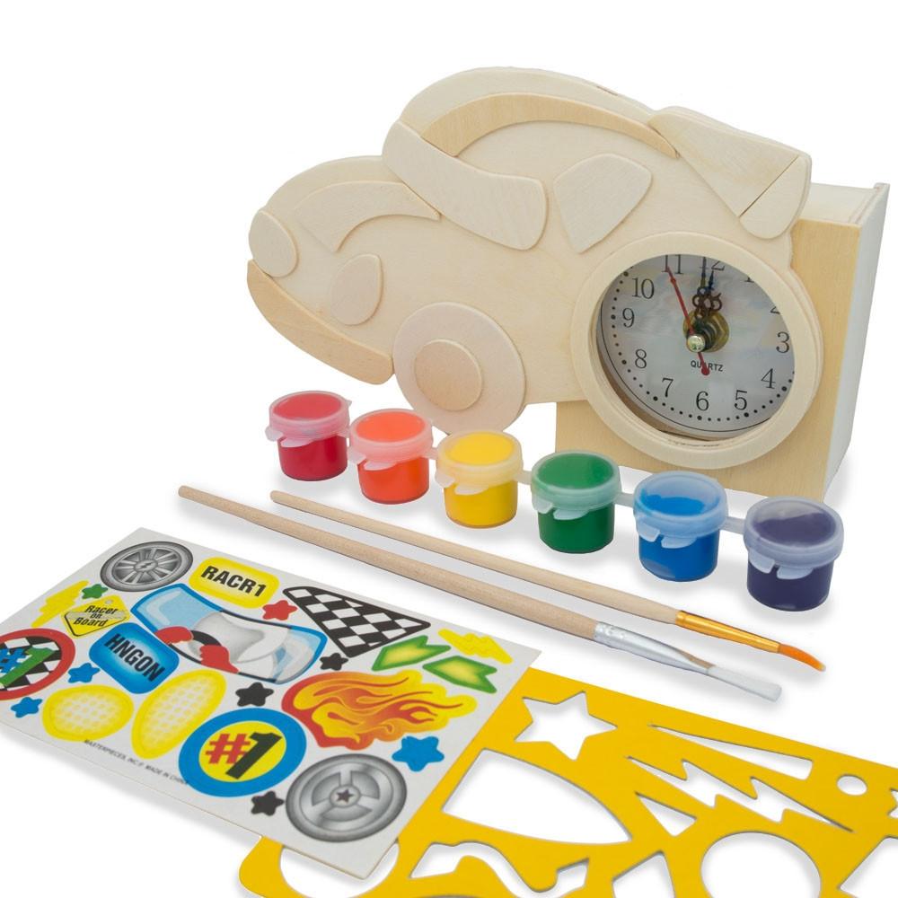 Race Car Clock Unfinished Wooden Craft Kit in Beige color