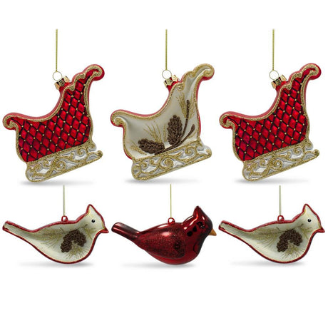 Set of 6 Cardinals Birds and Sleighs Glass Christmas Ornaments 4 Inches in Multi color,  shape
