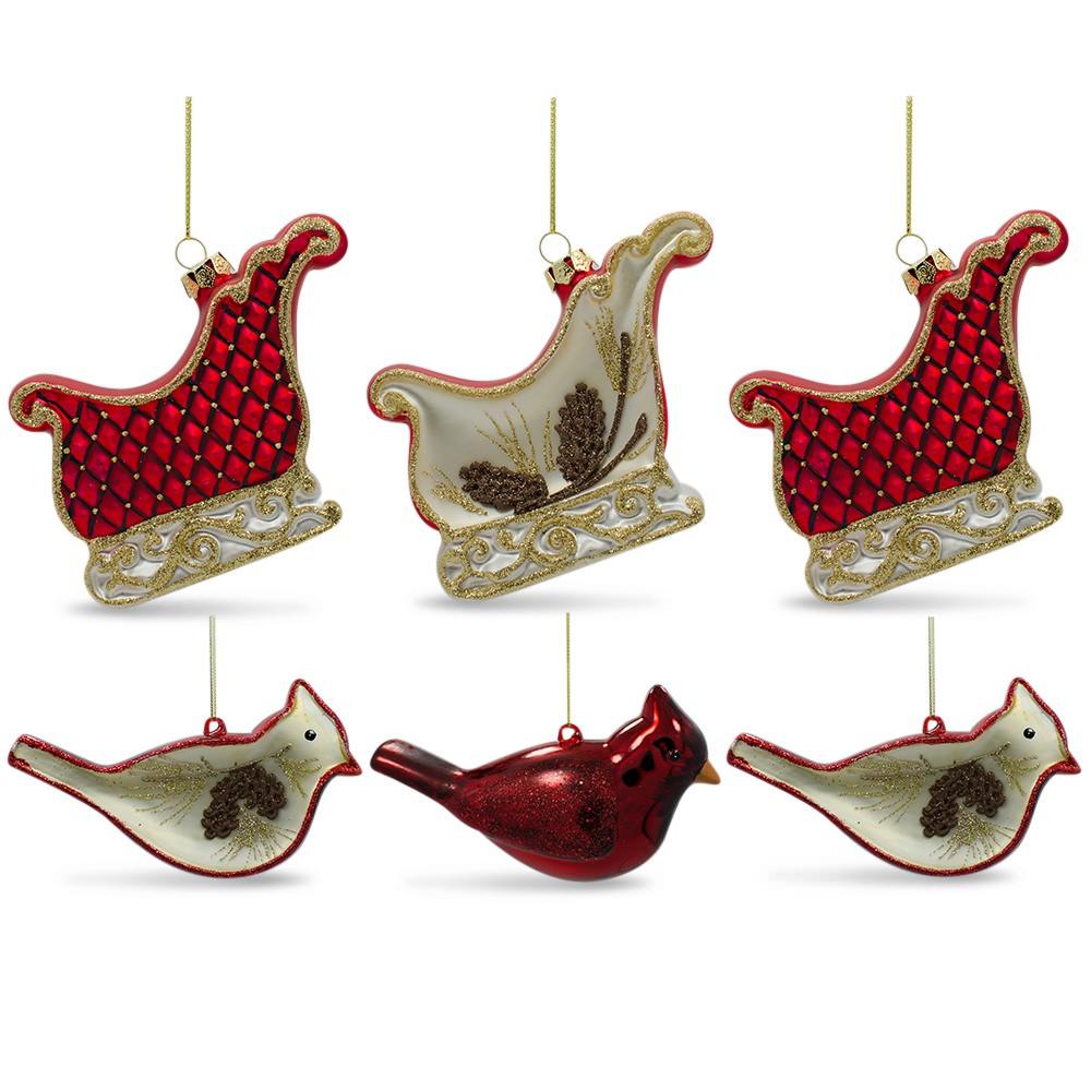 Glass Set of 6 Cardinals Birds and Sleighs Glass Christmas Ornaments 4 Inches in Multi color