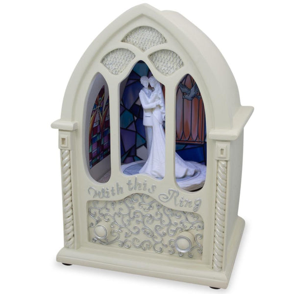Wedding Ceremony in Chapel LED Rotating Music Box Figurine 6.75 Inches in White color,  shape
