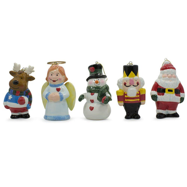 Set of 5 Ceramic Santa, Angel, Snowman, Nutcracker Christmas Ornaments 3 Inches in Multi color,  shape