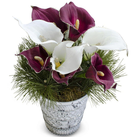 Red and White Calla Lily Flower Pot with LED 12 Inches in White color,  shape