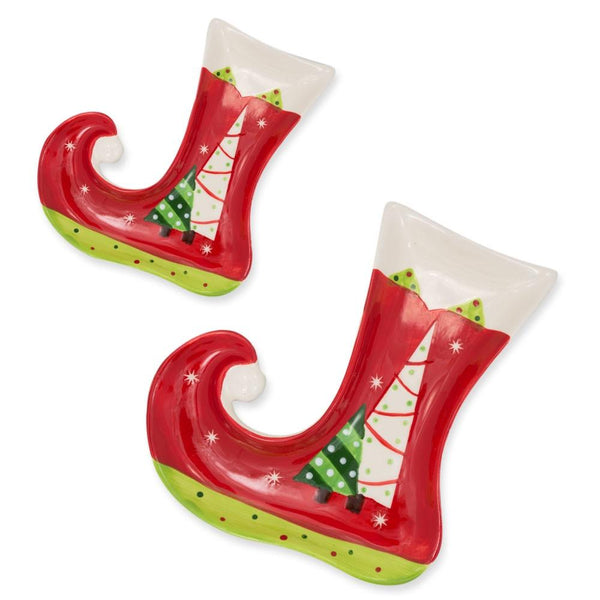 Set of 2 Christmas Stockings Shape Ceramic Plates in Red color,  shape