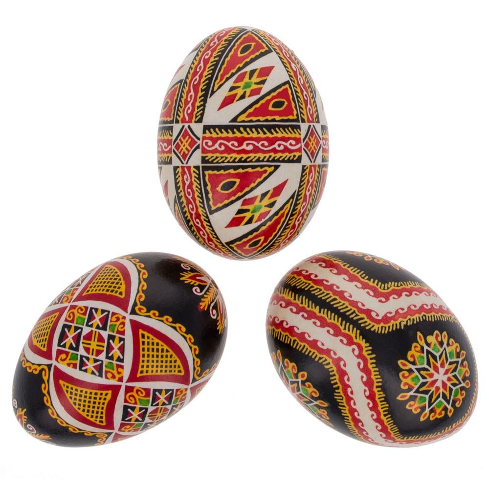 Set of 3 Authentic Blown Real Eggshell Ukrainian Easter Egg Pysanka 2 in Red color Oval