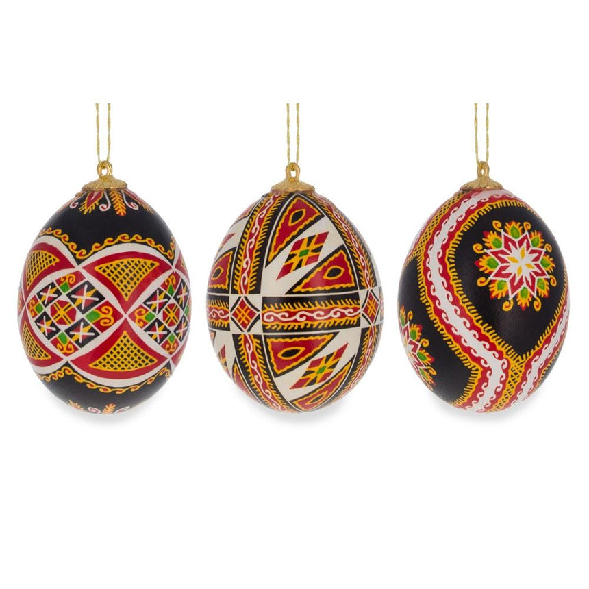 Set of 3 Authentic Blown Real Eggshell Ukrainian Easter Egg Pysanka Ornaments in Red color Oval