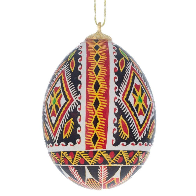 Rhombus Authentic Blown Real Eggshell Ukrainian Easter Egg Pysanka Ornament in Red color Oval
