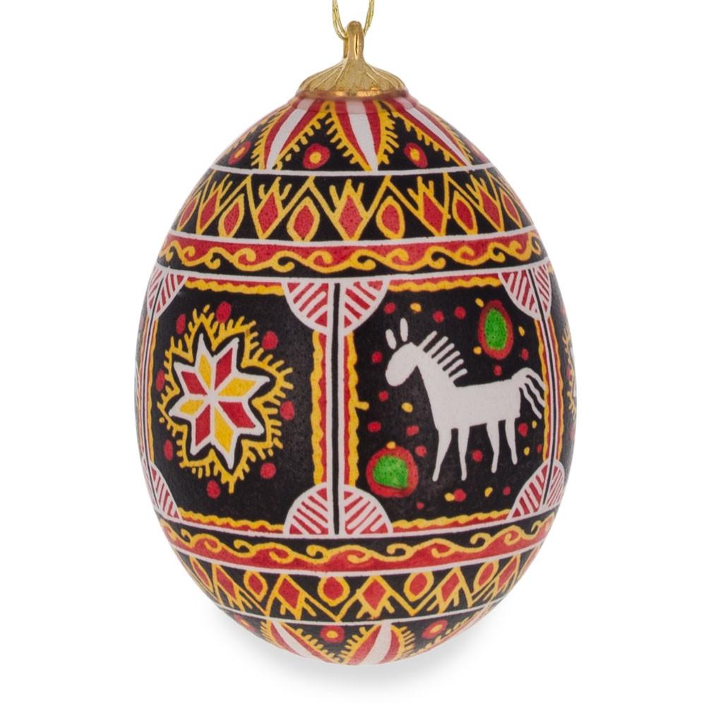 Horse and Star Authentic Blown Real Eggshell Ukrainian Easter Egg Pysanka Ornament in Red color, Oval shape