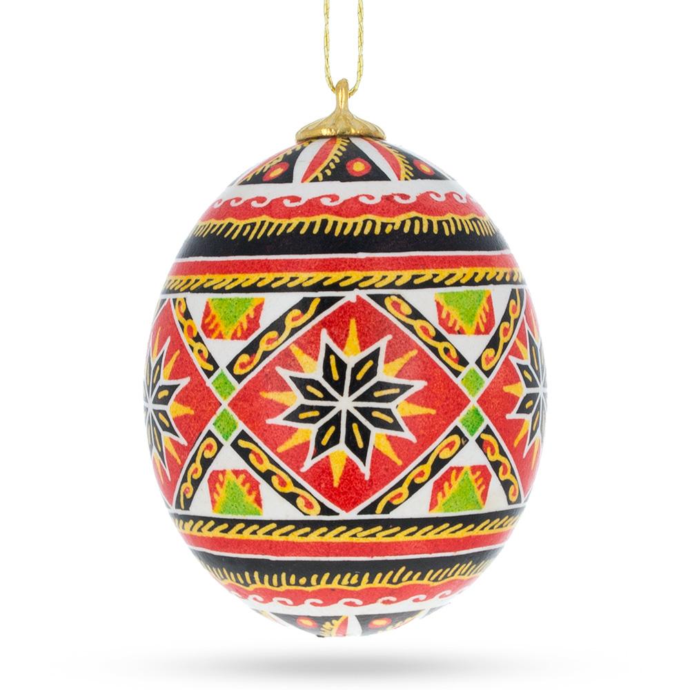 The Star Authentic Blown Real Eggshell Ukrainian Easter Egg Pysanka in Red color, Oval shape