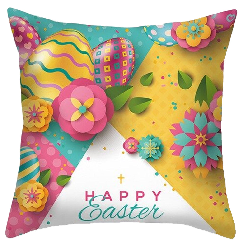 Flowers and Eggs Easter Throw Cushion Pillow Cover in Multi color, Square shape