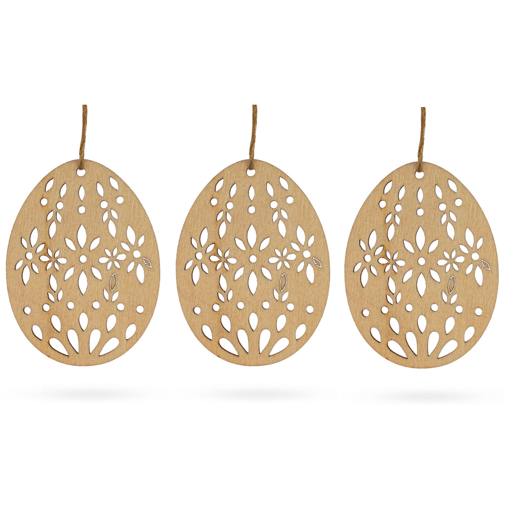 Set of 3 Easter Egg Unfinished Wooden Flowers Ornament 3.15 Inches in Blue color Oval
