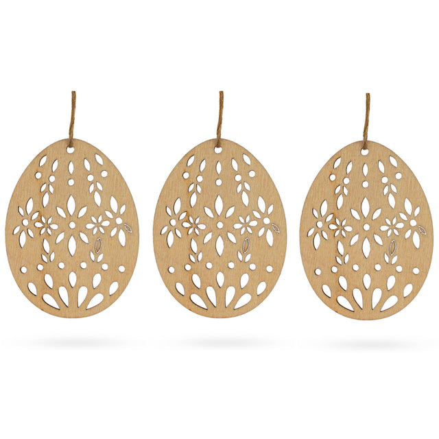 Set of 3 Easter Egg Unfinished Wooden Flowers Ornament 3.15 Inches in Blue color Rectangular