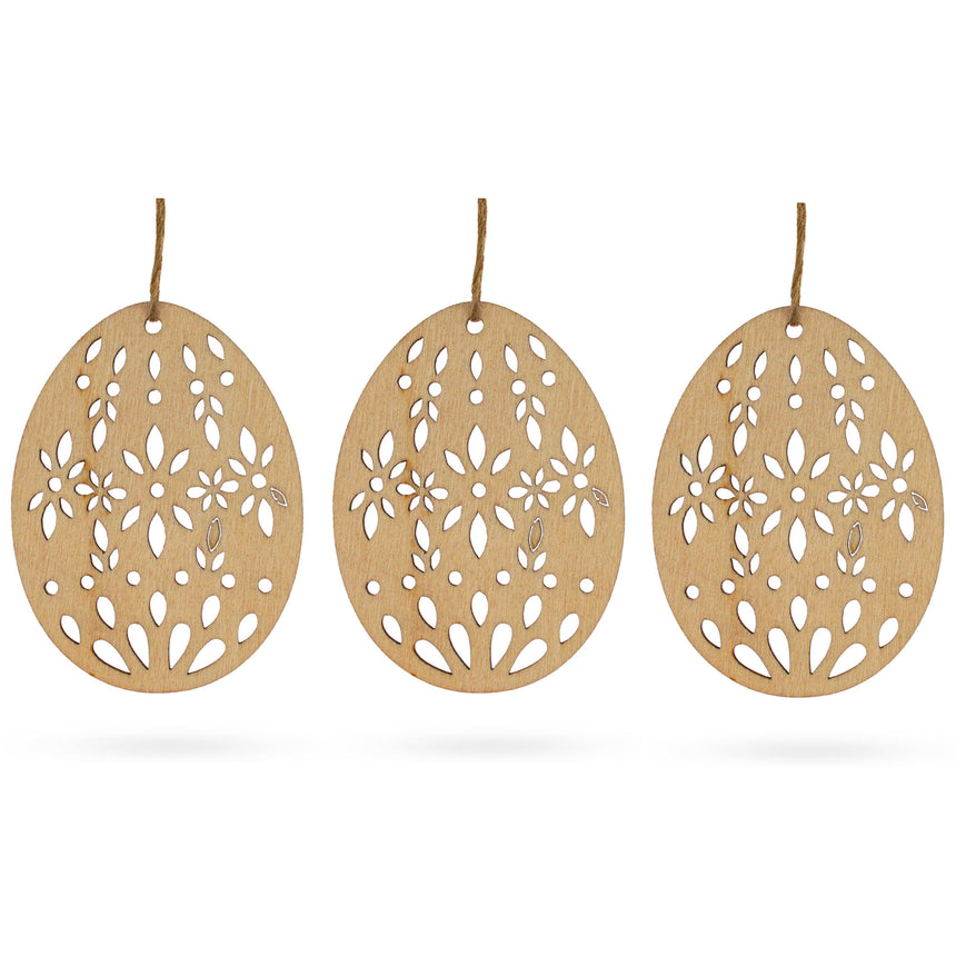 Set of 3 Easter Egg Unfinished Wooden Flowers Ornament 3.15 Inches in Blue color Rectangular