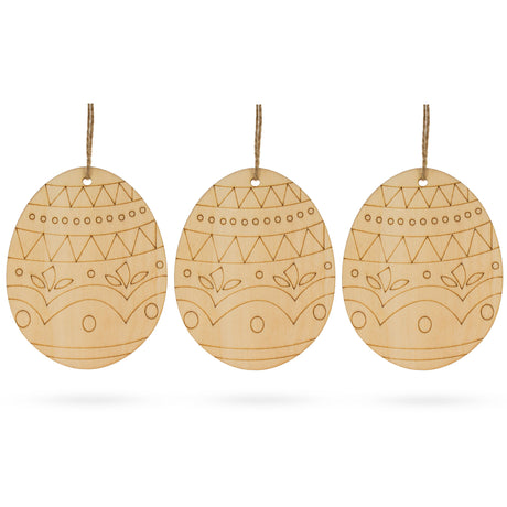 Wood Set of 3 Easter Egg Unfinished Wooden Ornament 4.3 Inches in Blue color Oval