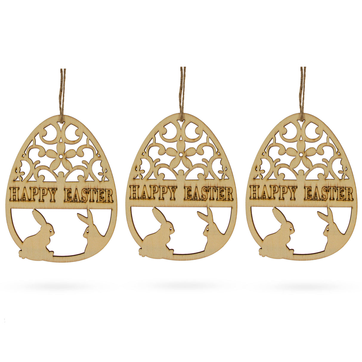 Set of 3 Happy Easter Egg Unfinished Wooden Ornament 4.3 Inches in Blue color, Oval shape