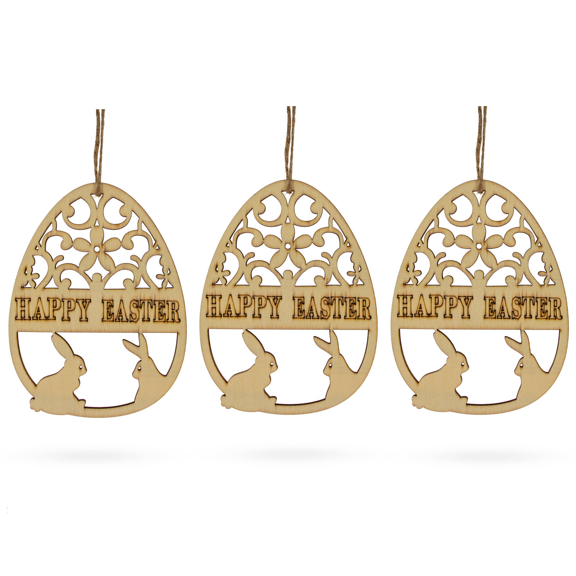 Set of 3 Happy Easter Egg Unfinished Wooden Ornament 4.3 Inches in Blue color Oval