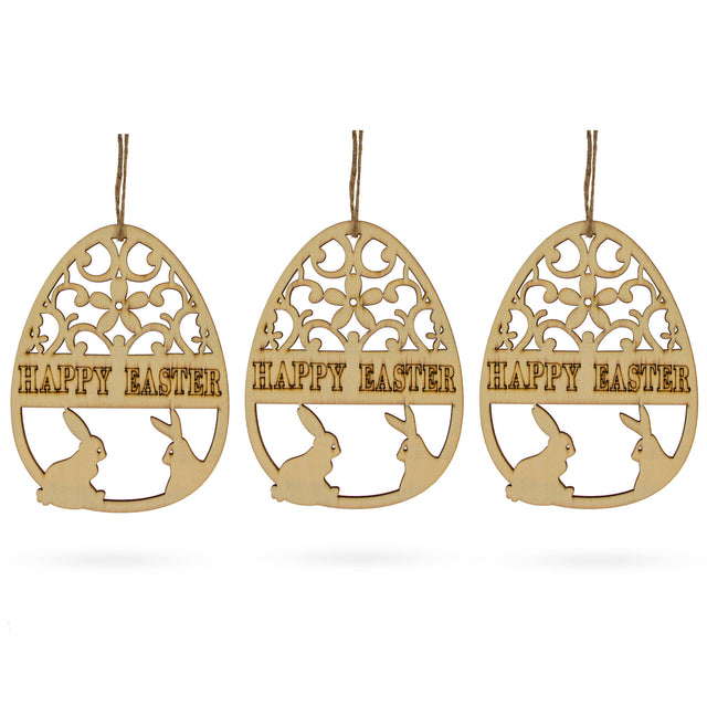 Set of 3 Happy Easter Egg Unfinished Wooden Ornament 4.3 Inches in Blue color Oval