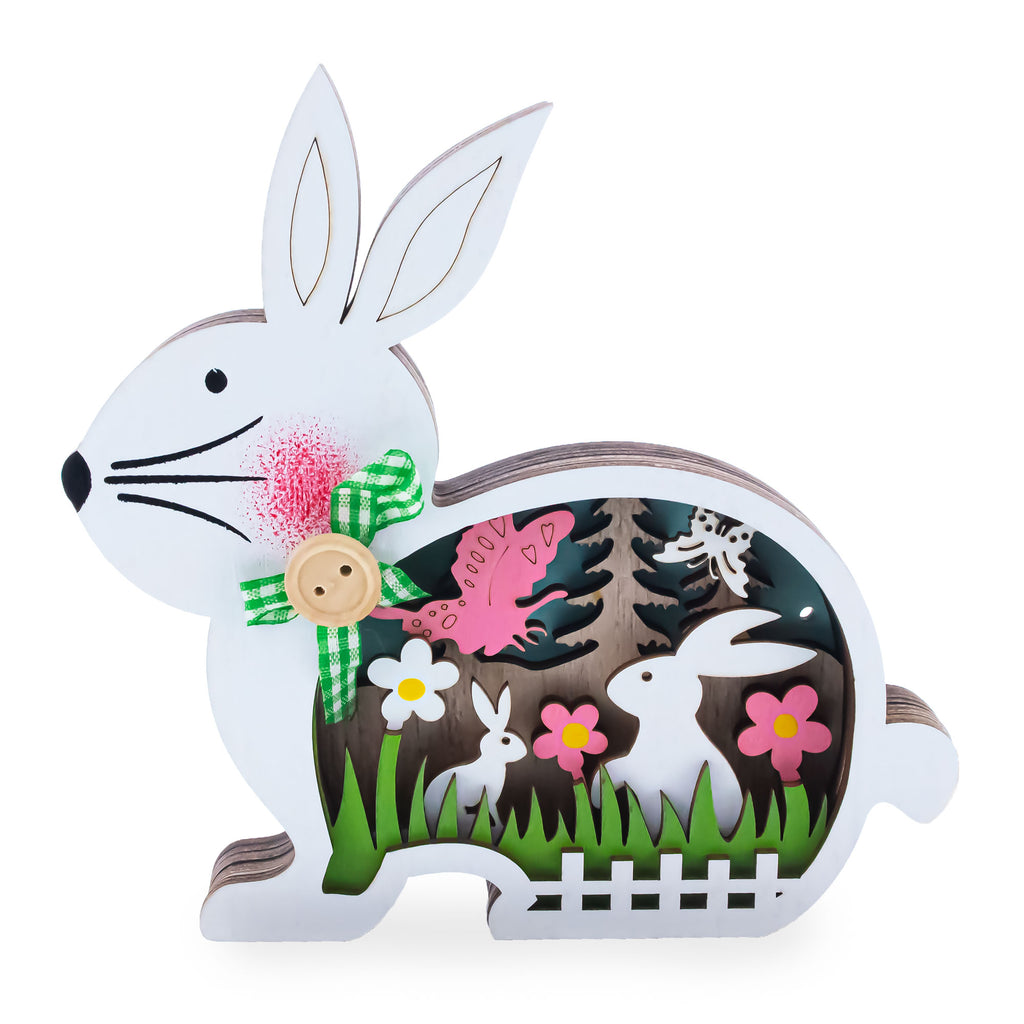 Bunny Shape Spring Garden with Butterflies Wooden Figurine in Multi color