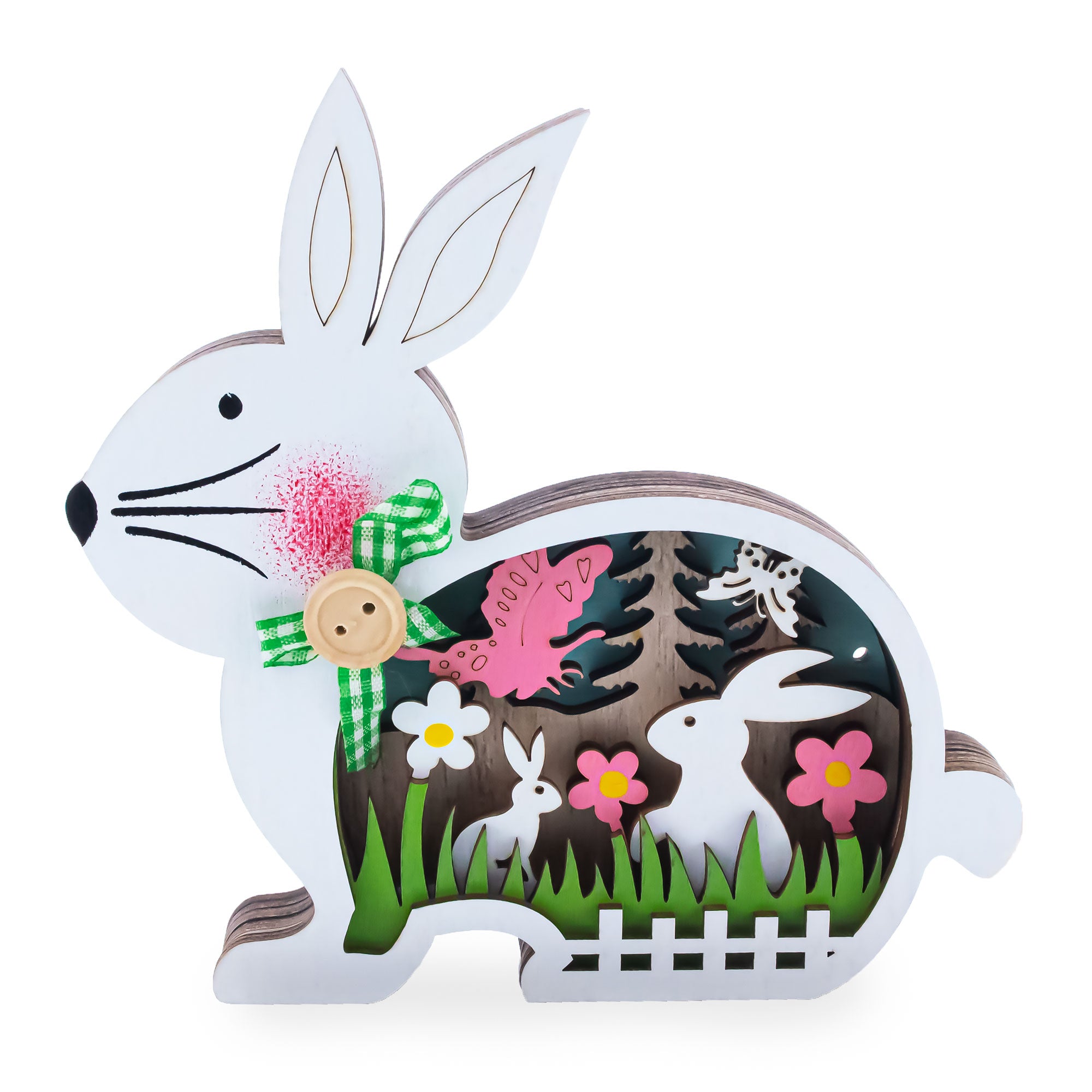 Bunny Shape Spring Garden with Butterflies Wooden Figurine in Multi color