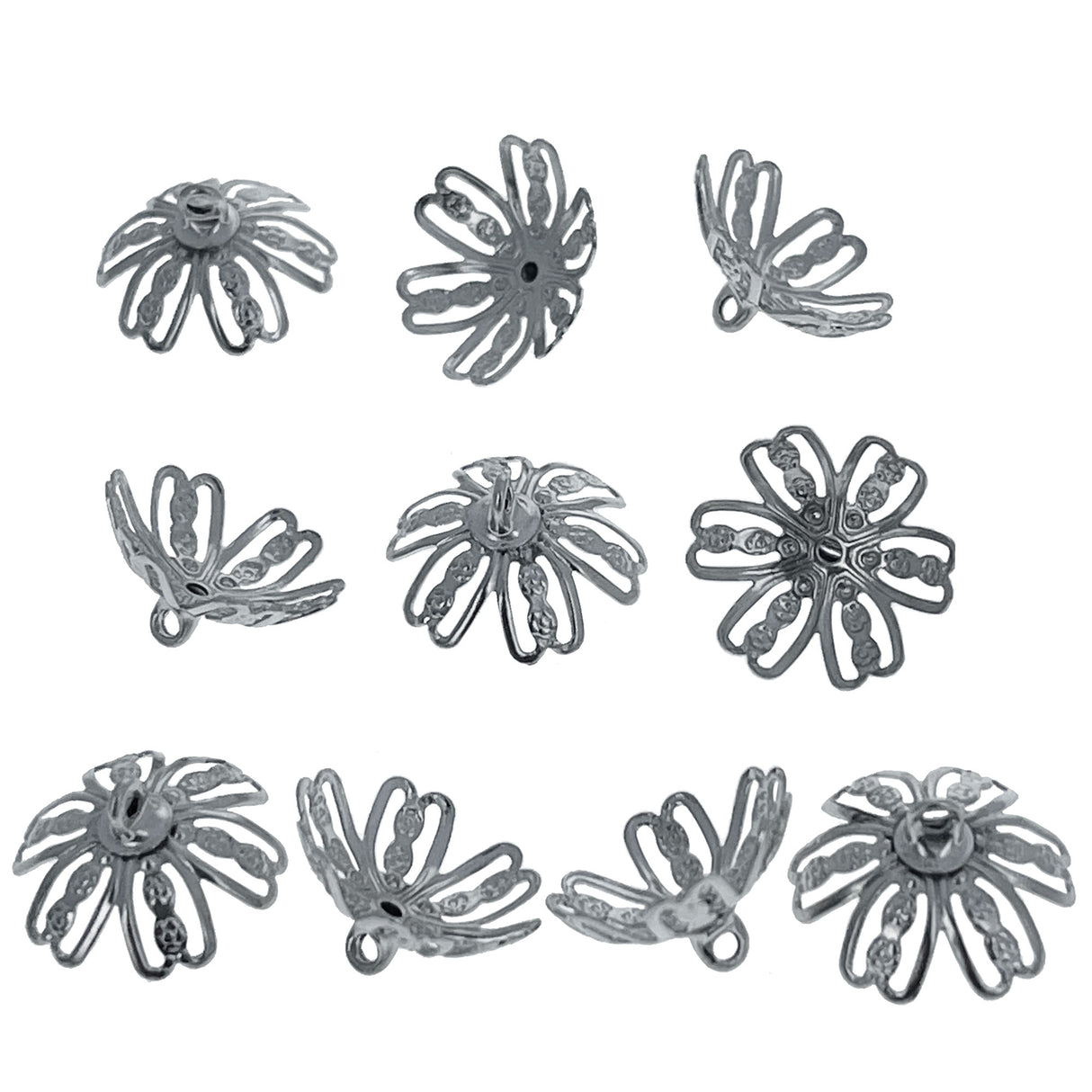 10 Large Silver Tone Metal Ornament Caps - Egg Top Findings, End Caps in Silver color, Round shape
