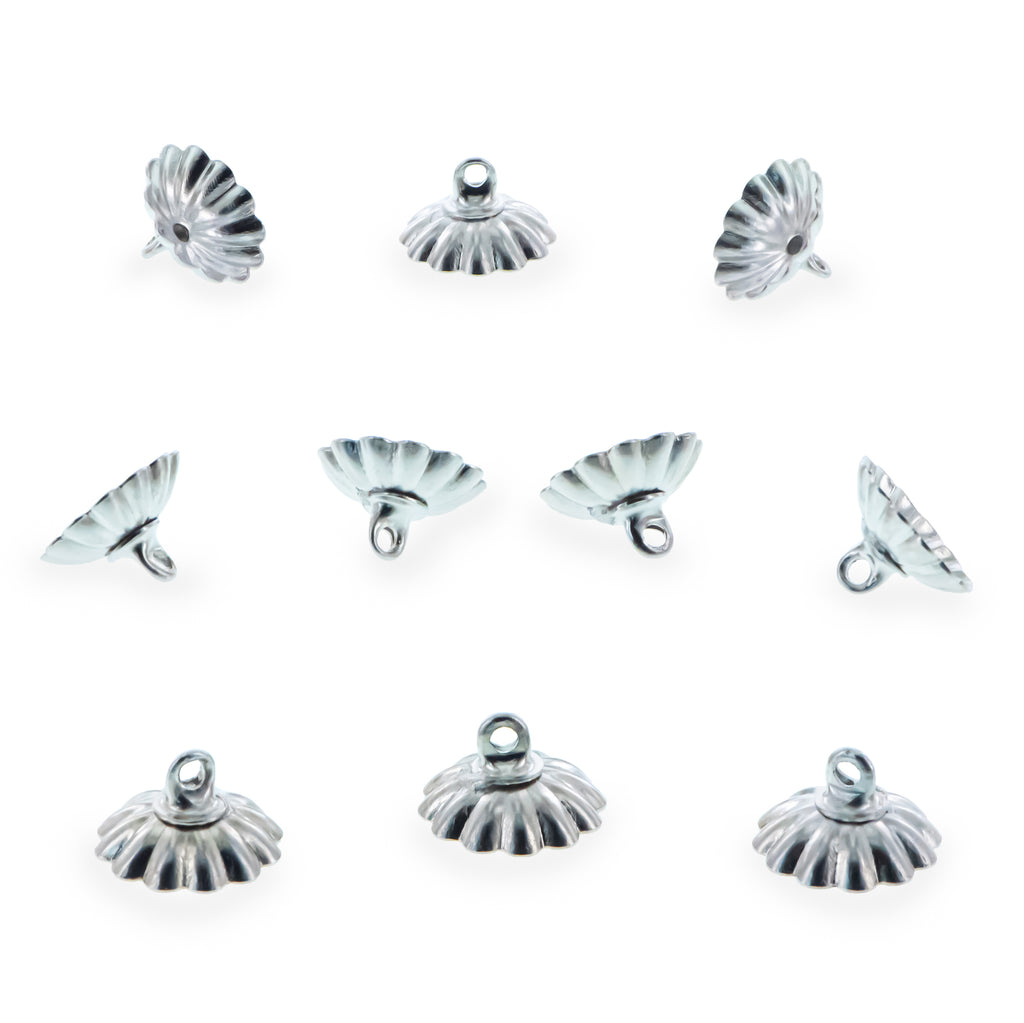 10 Fluted Bell-Flower Silver Brass Metal Ornament Caps - Ball or Egg Top Findings, End Caps 0.39 Inches (10 mm) in Silver color