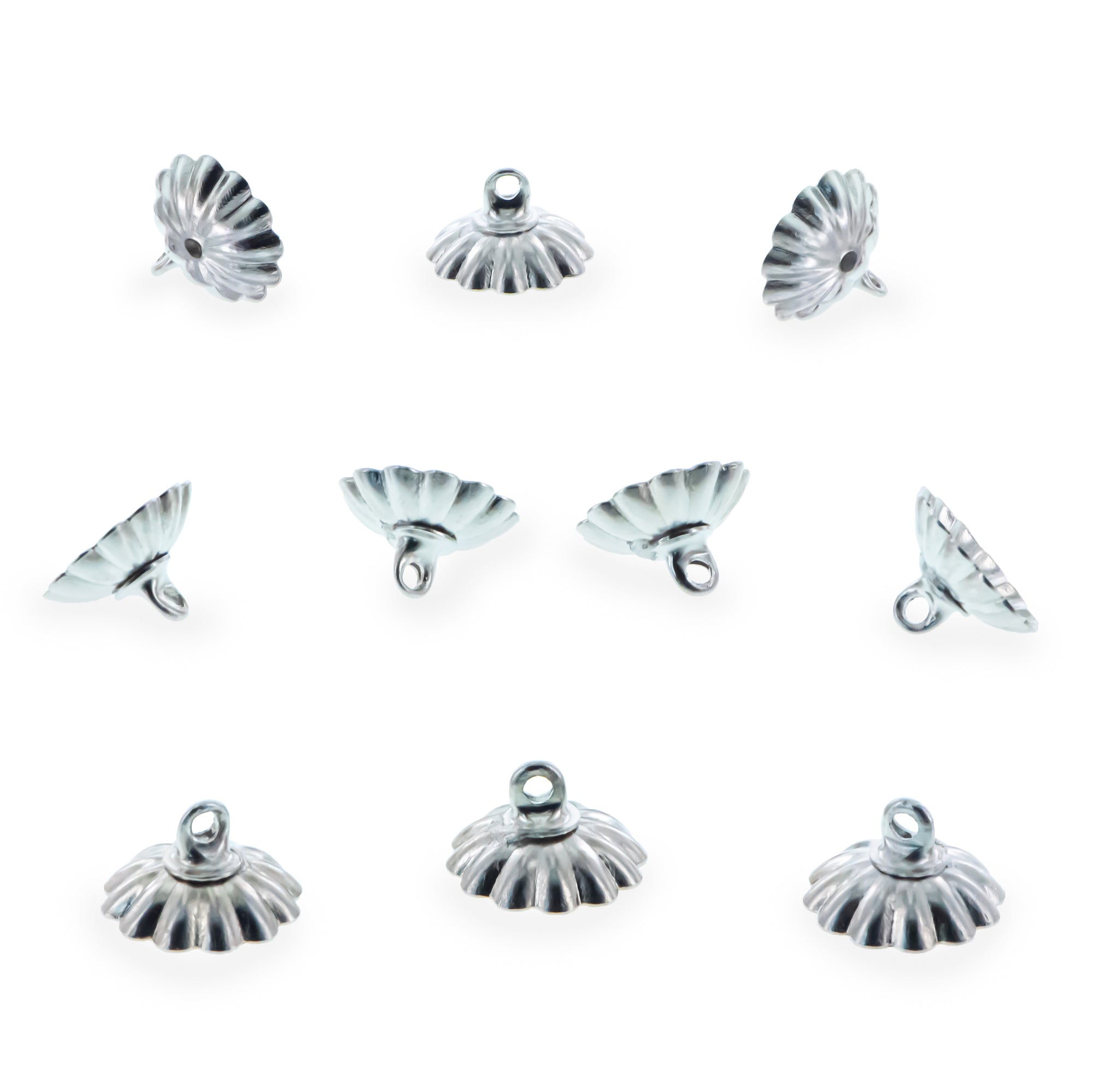 10 Fluted Bell-Flower Silver Brass Metal Ornament Caps - Ball or Egg Top Findings, End Caps 0.39 Inches (10 mm) in Silver color