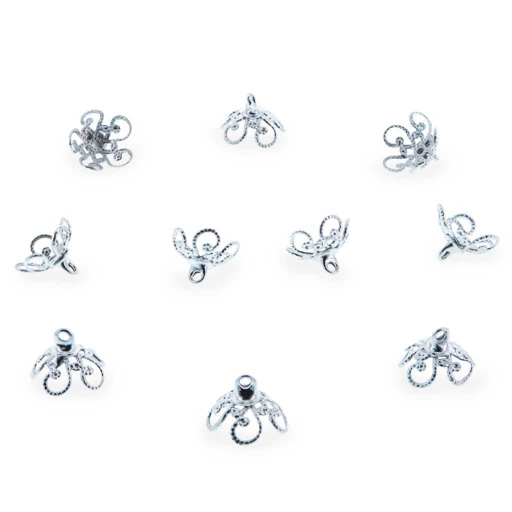 10 Ornate Scrollwork Filigree Silver Brass Metal Ornament Caps Ball or Egg Top Findings, End Caps 0.39 Inches (10 mm) in Silver color