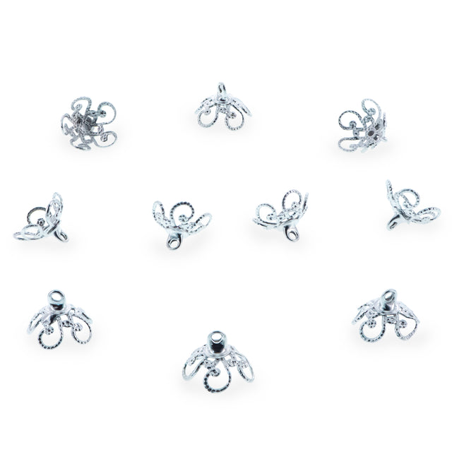 10 Ornate Scrollwork Filigree Silver Brass Metal Ornament Caps Ball or Egg Top Findings, End Caps 0.39 Inches (10 mm) in Silver color