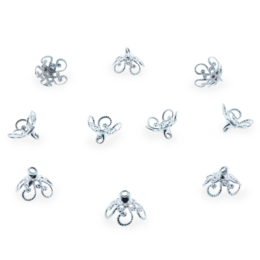 10 Ornate Scrollwork Filigree Silver Brass Metal Ornament Caps Ball or Egg Top Findings, End Caps 0.39 Inches (10 mm) in Silver color