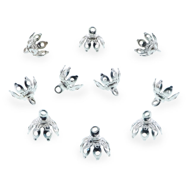 10 Lotus Petal Filigree Silver Brass Metal Ornament Caps - Ball or Egg Top Findings, End Caps 0.35 Inches (9 mm) in Silver color