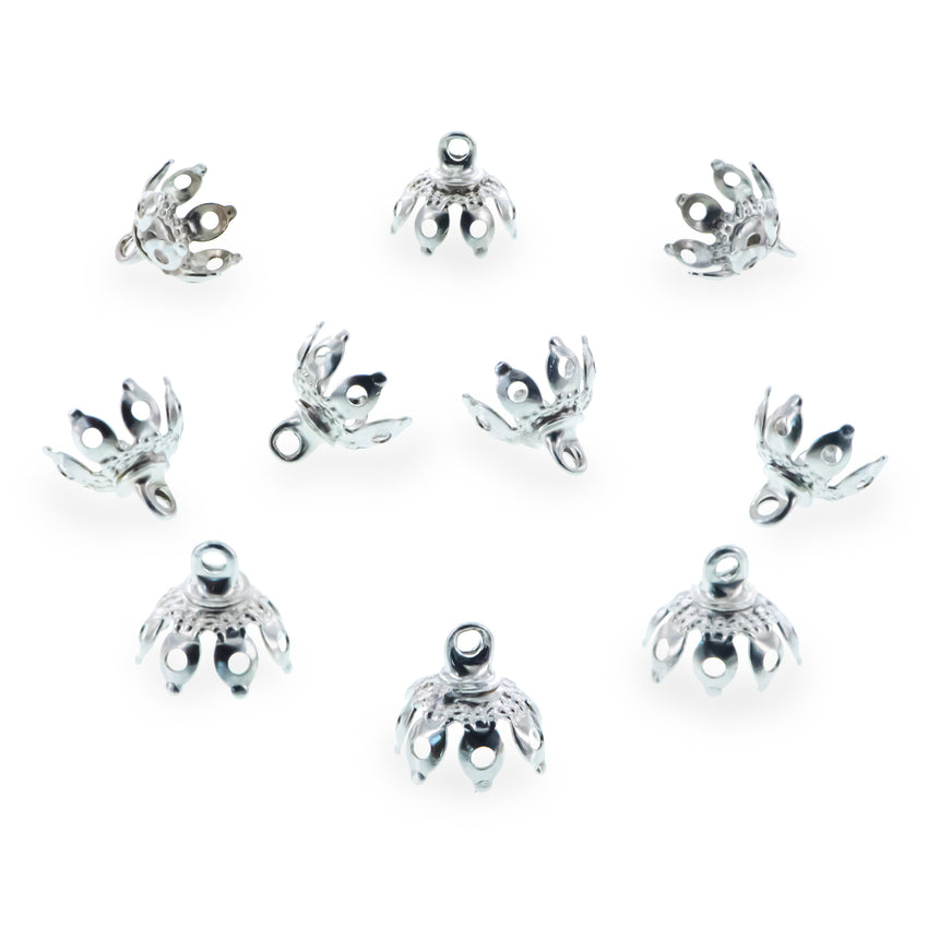 10 Lotus Petal Filigree Silver Brass Metal Ornament Caps - Ball or Egg Top Findings, End Caps 0.35 Inches (9 mm) in Silver color