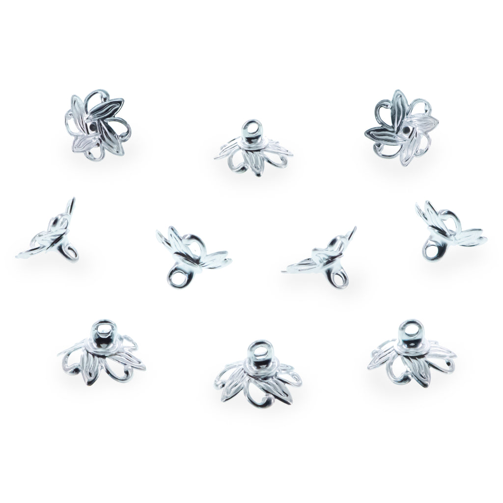 10 Floral Lily Silver Brass Metal Ornament Caps Ball or Egg Top Findings, End Caps  0.35 Inches (9 mm) in Silver color