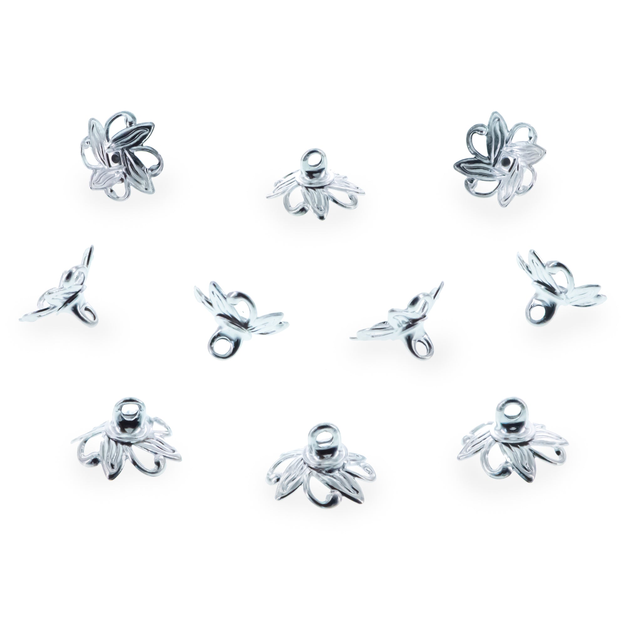 10 Floral Lily Silver Brass Metal Ornament Caps Ball or Egg Top Findings, End Caps  0.35 Inches (9 mm) in Silver color