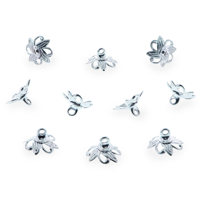 10 Floral Lily Silver Brass Metal Ornament Caps Ball or Egg Top Findings, End Caps  0.35 Inches (9 mm) in Silver color