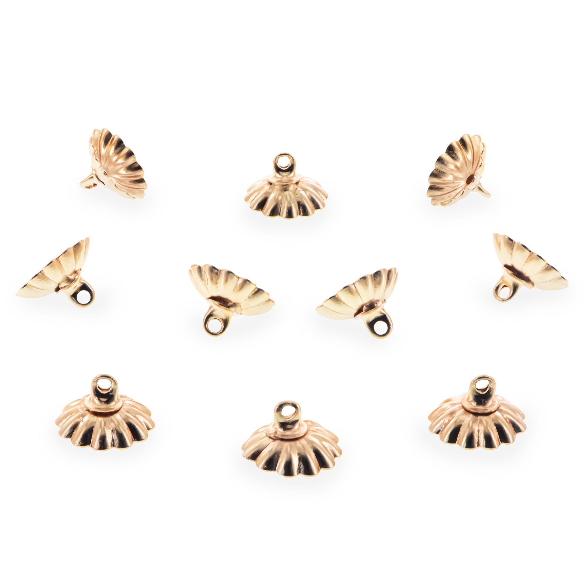 10 Fluted Bell-Flower Gold Brass Metal Ornament Caps - Ball or Egg Top Findings, End Caps   0.39 Inches (10 mm) in Gold color
