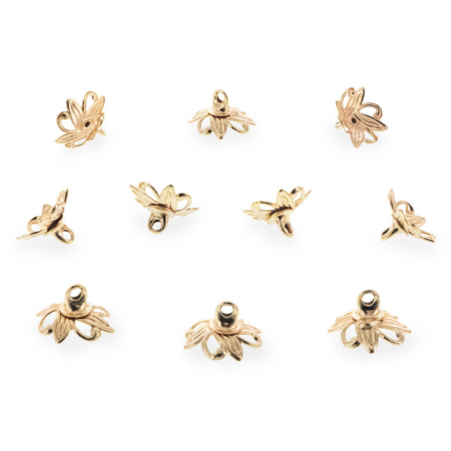 10 Floral Lily Gold Brass Metal Ornament Caps Ball or Egg Top Findings, End Caps  0.35 Inches (9 mm) in Gold color