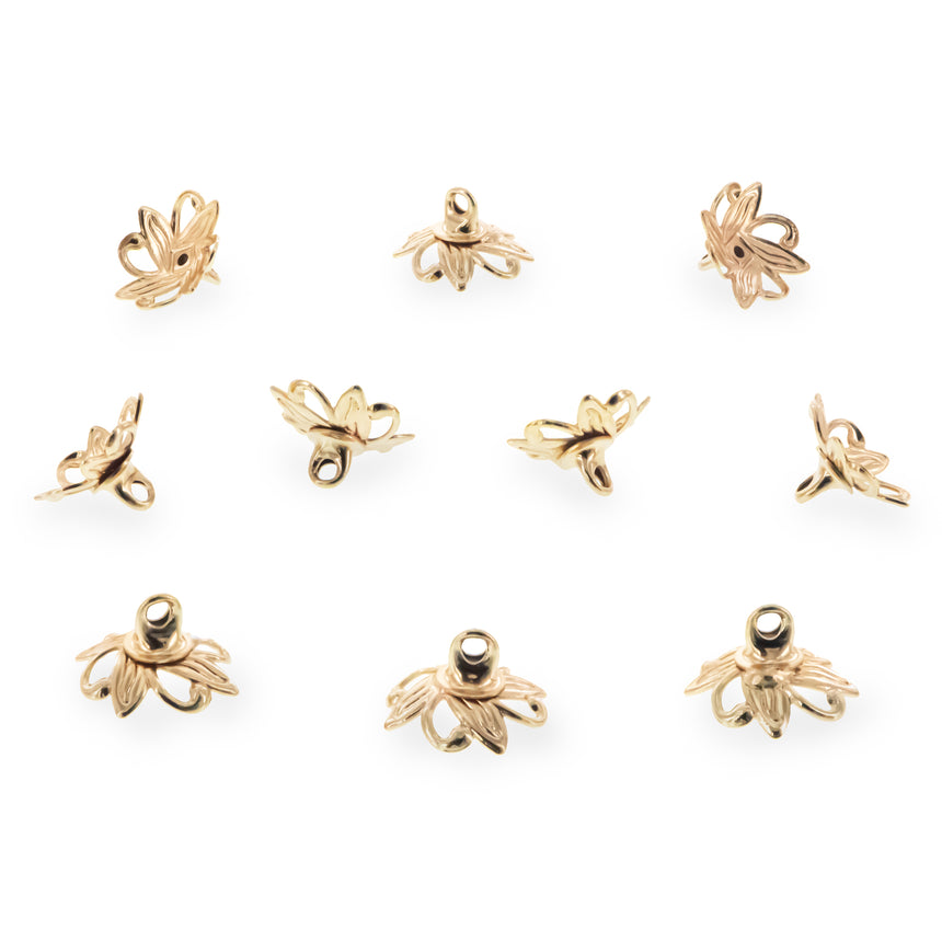 10 Floral Lily Gold Brass Metal Ornament Caps Ball or Egg Top Findings, End Caps  0.35 Inches (9 mm) in Gold color