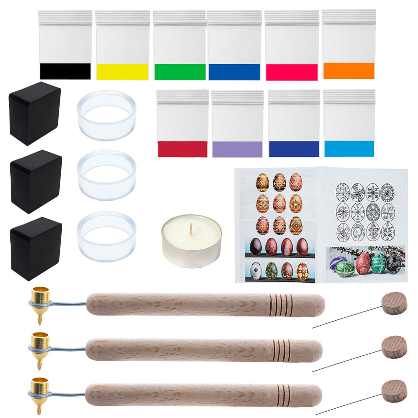 3 Kistka Pens, 10 Dyes, 3 Beeswax, 3 Stands, 3 Wires, Candle, Instructions Pysanky Ukrainian Easter Egg Decorating Kit 24 Pcs Craft DIY Set in Multi color