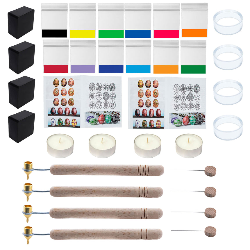 Metal 4 Kistka Pens, 12 Dyes, 4 Beeswax, 4 Stands, 4 Wires, 4 Candles, 2 Instructions Pysanky Ukrainian Easter Egg Decorating Kit 34 Pcs Craft DIY Set in Multi color
