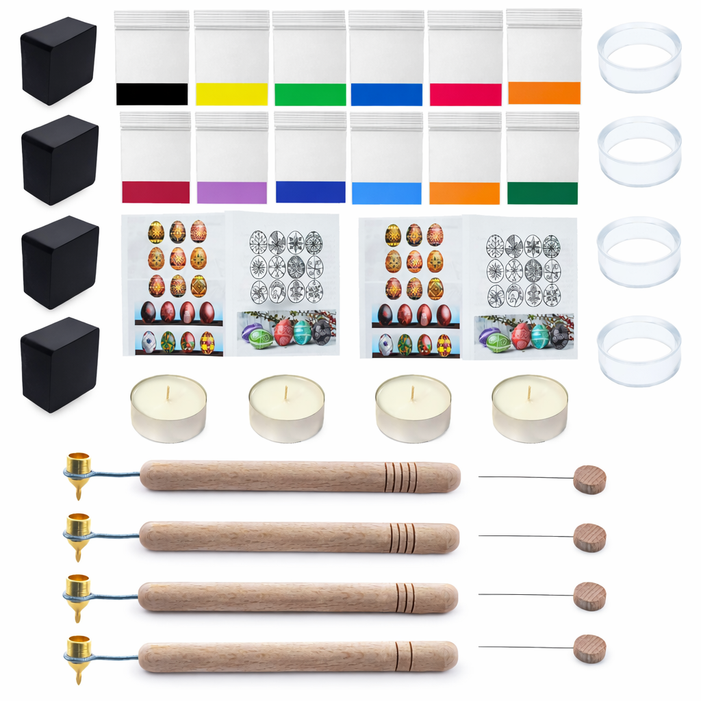 Pysanky Egg Decorating Kit 34 Pcs Ukrainian Easter Egg Craft Set with Dye Pens Beeswax Stands Wires Candles and Instructions in Multi color