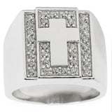 Cross on Crystals Sterling Silver Men's Ring (Size 9) in Silver color,  shape