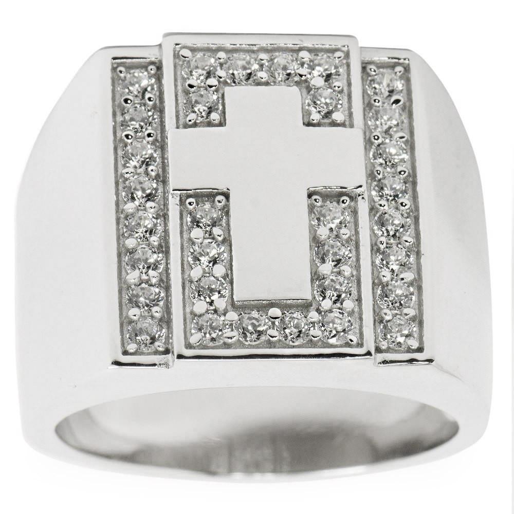 Cross on Crystals Sterling Silver Men's Ring (Size 9) in Silver color